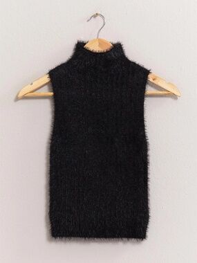 Black fuzzy sleeveless turtleneck, Medium